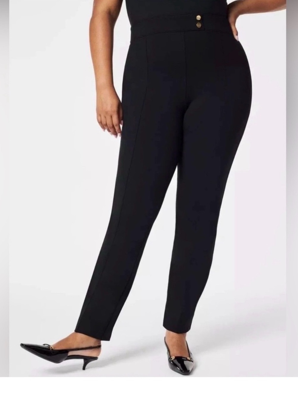 Spanx Black Petfect pant straight tapered leg gold button detail
